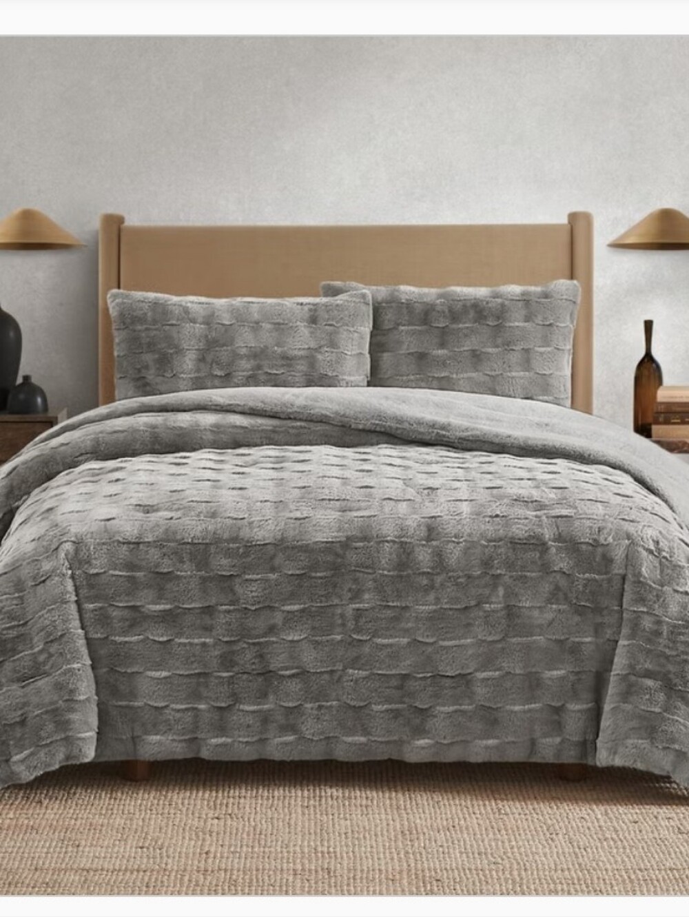 FRYE KING Luxury Bubble Faux Fur Comforter 3 Piece Set, Gray  - Reversible